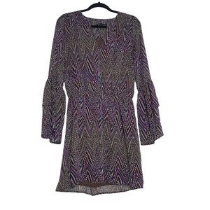 Basically Me Fairy Geometric Print Sheer Ruffled Bell Sleeve Dress Size M Boho